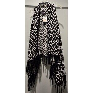 Rafaella Studio Black White Geometric Fringe Sleeveless Cardigan Vest Small  NWT